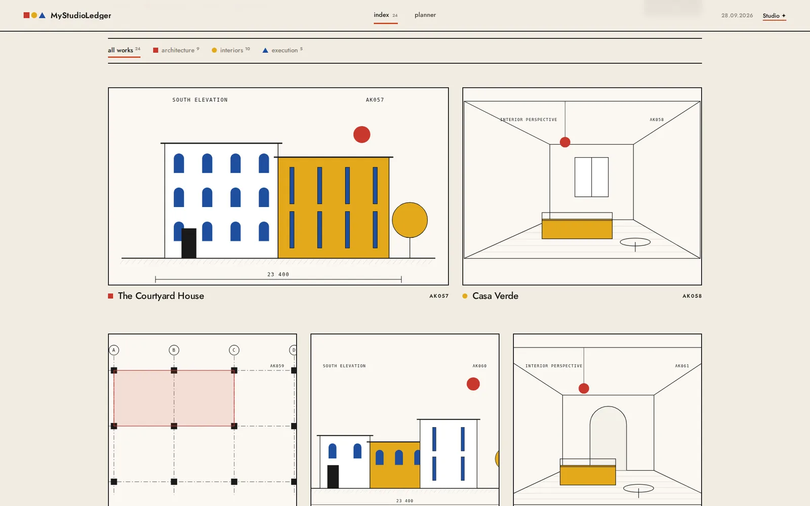 The project index: a gallery of project images, each with its code and name